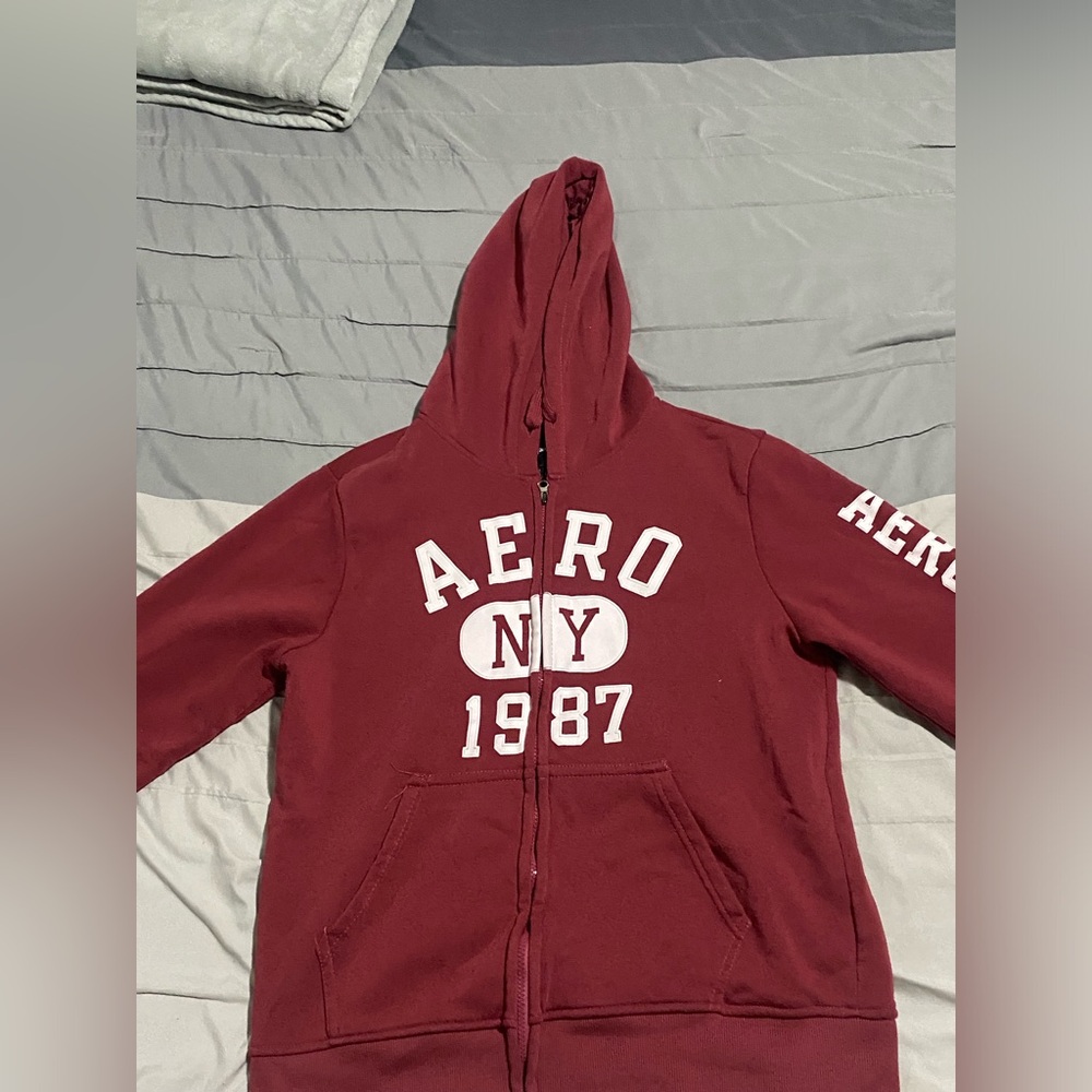 Burgundy and white Aeropostale zip-up hoodie